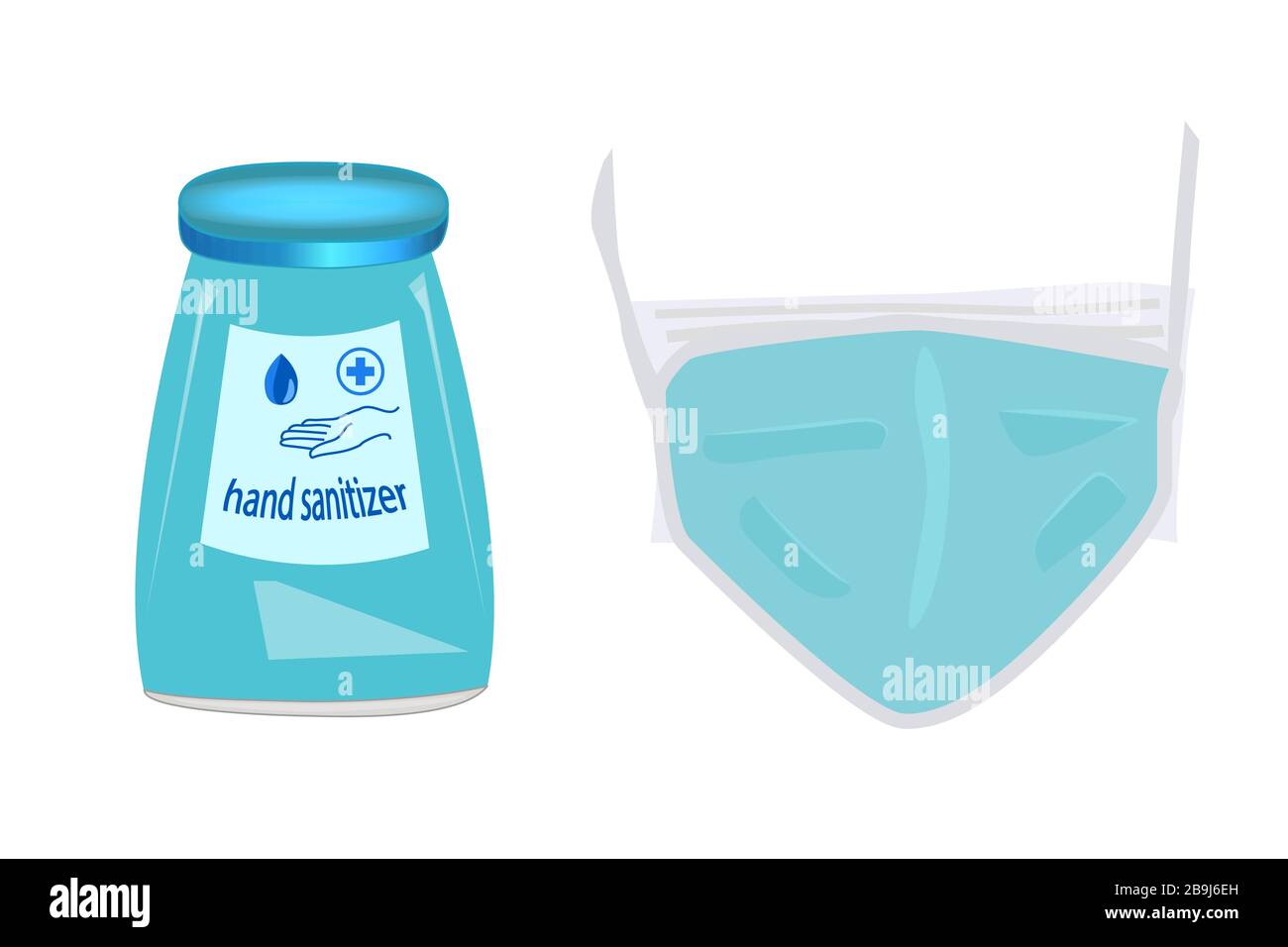 Désinfectant pour les mains et masque médical isolé sur fond blanc. Prévention masque médical et gel désinfectant pour les mains pour la protection contre les virus de l'hygiène des mains. Vecteur Illustration de Vecteur