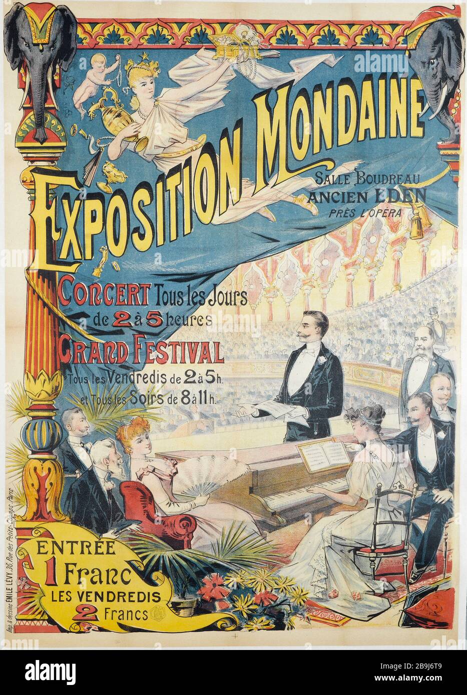 EXPOSITION MONDAINE, DÎNER BOUDREAU (OLD EDEN) CONCERT TOUS LES JOURS - EXPOSITION MONDAINE, DÎNER BOUDREAU (OLD EDEN) CONCERT QUOTIDIEN EMILE LEVY. Exposition Mondaine, salle Boudreau (ancien Eden), concert tous les jours. Fiche. Lithographie couleur, 1892. Paris, musée Carnavalet. Banque D'Images