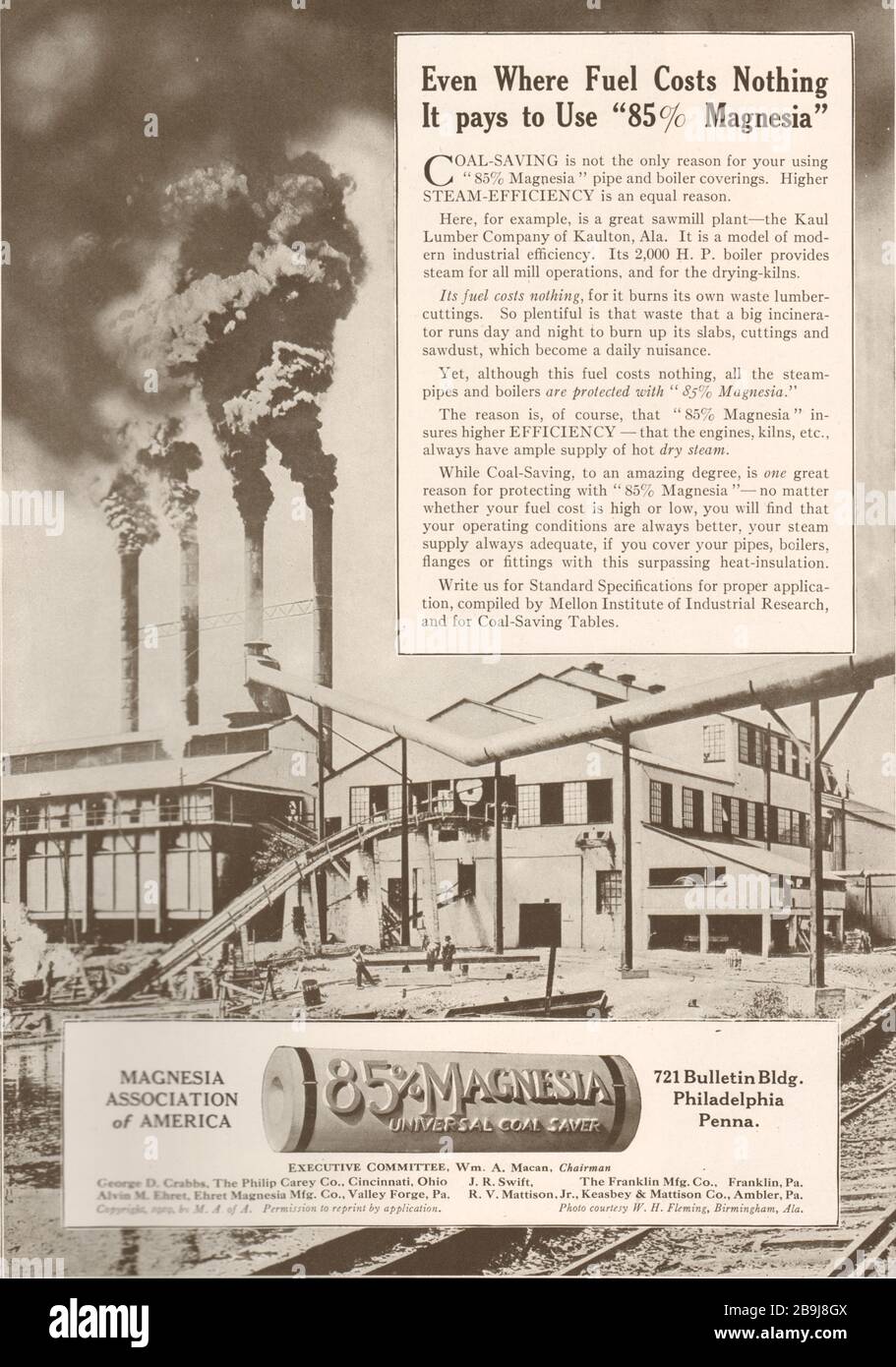 Même là où le carburant ne coûte rien, il paie d'utiliser 85% Magnesia économie universelle de charbon. Association de magnésie de l'Amérique, 721 Bulletin Building (1919) Banque D'Images