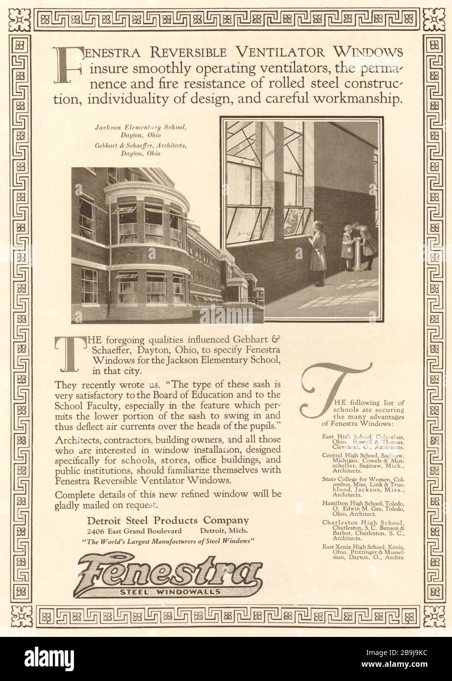 Vents en acier Fenestra. École élémentaire Jackson, Dayton, Ohio. Gebhart Schaeffer Archts. Detroit Steel Products, 2406 East Grand Boulevard (1922) Banque D'Images