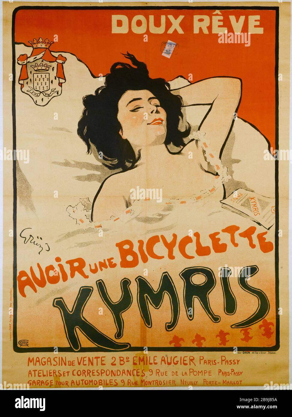 RÊVE SUCRÉ, AVOIR UNE CYMRIES DE VÉLO, 2 BD EMILE AUGIER, PARIS Jules Alexandre Grün (1868-1938). Imprimerie Chaix. Doux rêve, Averir une Bicyclette Kymris, 2 Boulevard Emile Augier, Paris. Fiche. Lithographie couleur, 1898. Paris, musée Carnavalet. Banque D'Images