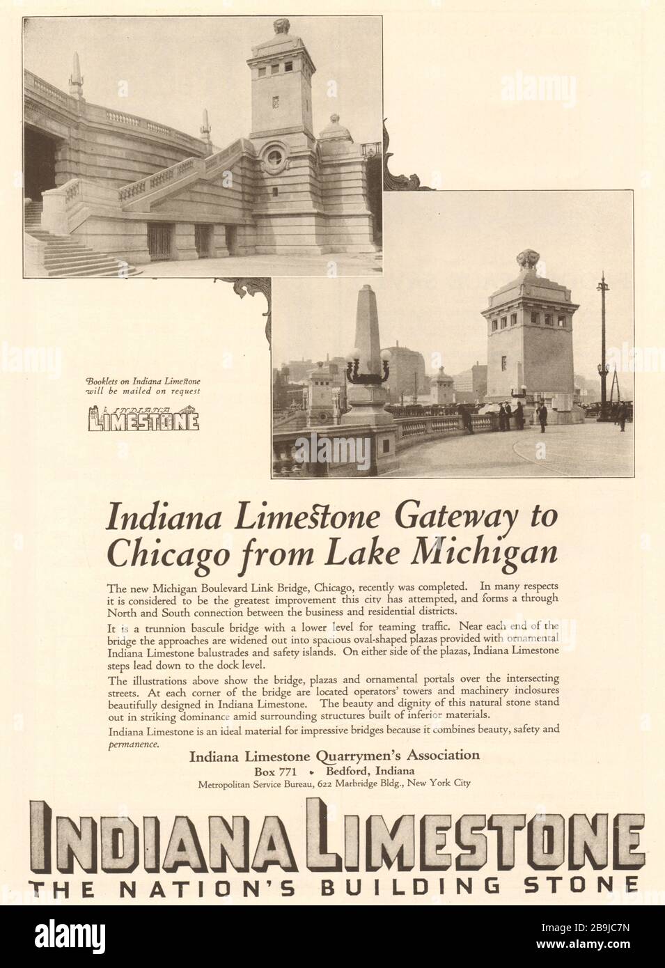 Porte d'entrée vers Chicago depuis le lac Michigan. Indiana Limestone Quarrymen's Association, Bedford. Metropolitan Service Bureau, Marbridge Building, New York (1922) Banque D'Images