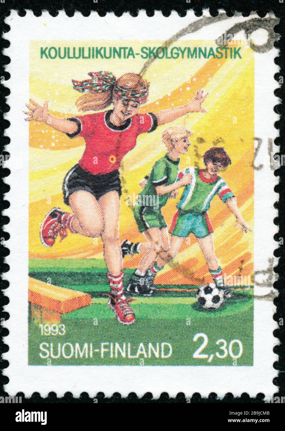 POLTAVA, UKRAINE - 24 mars 2020. Le timbre vintage imprimé en Finlande vers 1993 montre le 150ème anniversaire des sports scolaires Banque D'Images