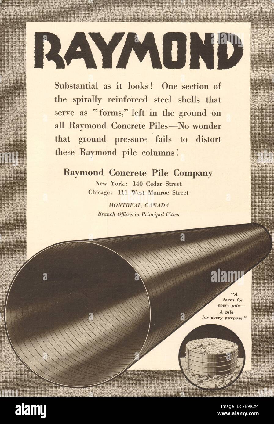 Raymond. Raymond Concrete pile Company, New York: 140 Cedar Street; Chicago: 111 West Monroe Street (1922) Banque D'Images