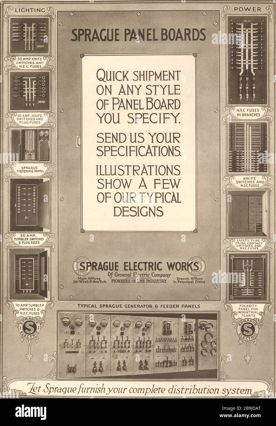 Panneaux. Sprague Electric Works de General Electric Co., pionniers de l'industrie. Bureaux principaux : 527 W 34ème, St New York (1922) Banque D'Images