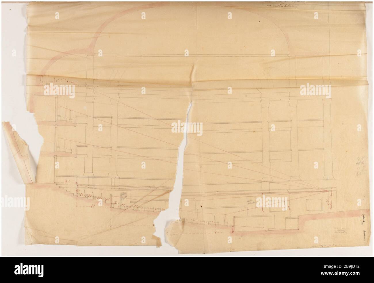 Académie royale de musique: Couper le théâtre. Charles Rohault de Fleury (1801-1875). Académie royale de musique : coupé de la salle de spectacle. Crayon, panache, Acres Noire et rouge, lavis rose sur papier calcaire. Paris, musée Carnavalet. Banque D'Images