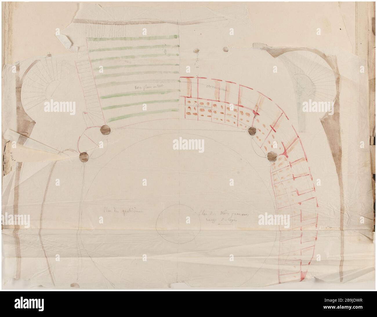 Académie royale de musique : carte des trois premières rangées de boîtes quatrième. Charles Rohault de Fleury (1801-1875). Académie royale de musique : Plan des trois premiers ministres provinciaux rangs de loges des quatrièmes. Crayon, rose lavis, vert, marron et brun sur papier calcaire. Paris, musée Carnavalet. Banque D'Images