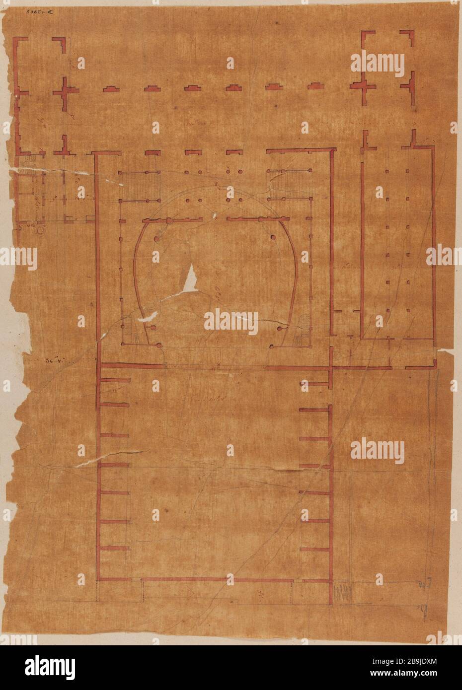 Académie royale de musique : le tableau des sièges. Charles Rohault de Fleury (1801-1875). Académie royale de musique : plan de la salle. Crayon, panache et encre noir, lavis rose sur papier calcaire. Paris, musée Carnavalet. Banque D'Images