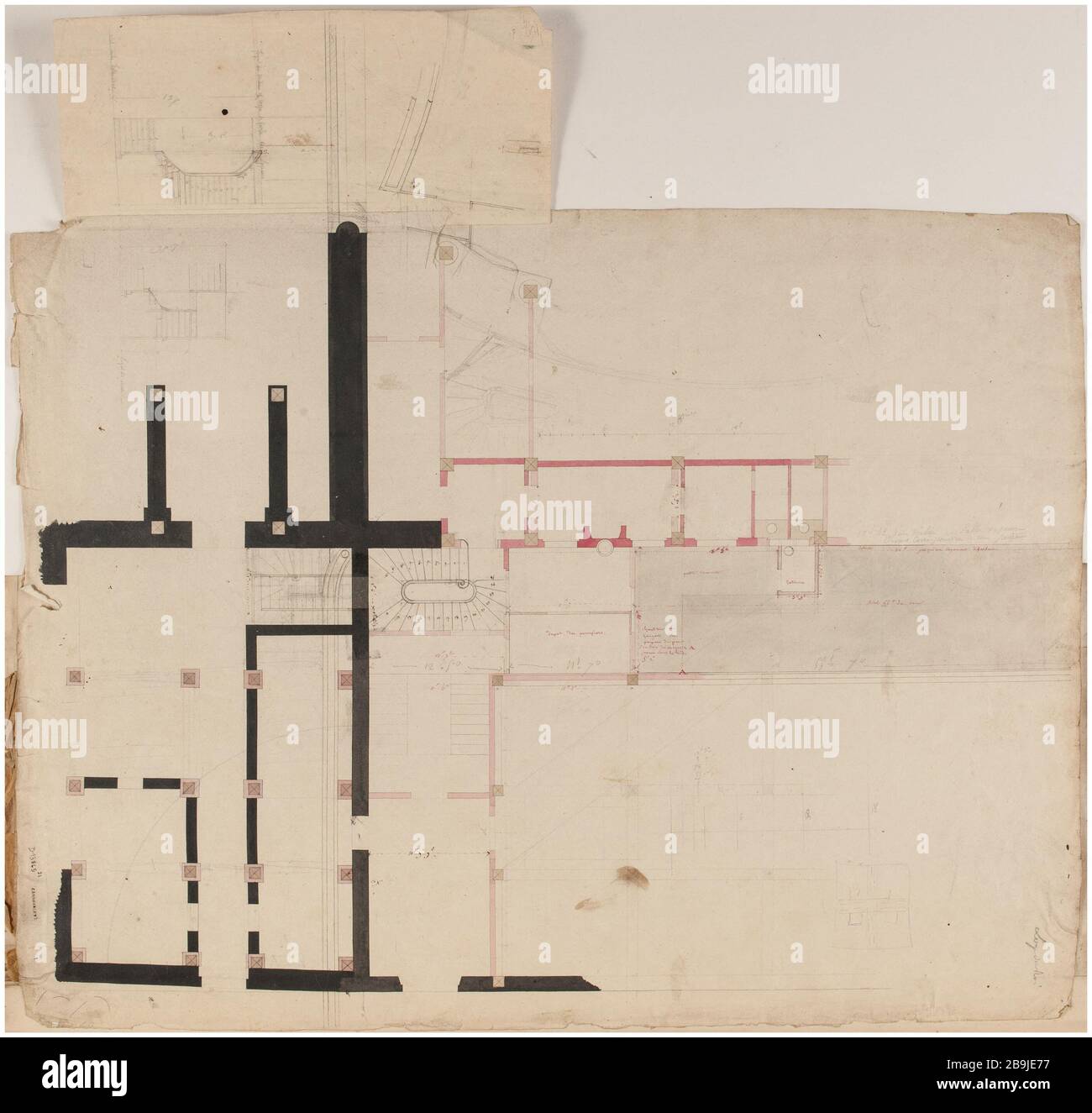 Académie royale de musique : carte du pavillon du roi. Charles Rohault de Fleury (1801-1875). Académie royale de musique : plan de la loge du roi. Crayon, panache et encre noir, lavis rose et gris. Paris, musée Carnavalet. Banque D'Images