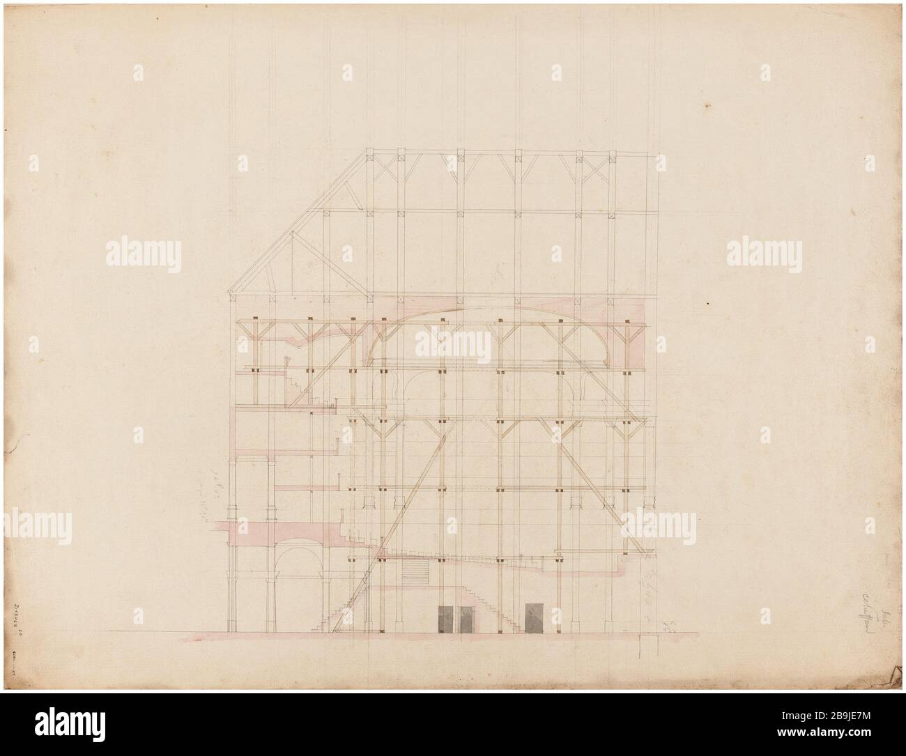Royal Academy of Music : salle de découpe de l'échafaudage. Charles Rohault de Fleury (1801-1875). Académie royale de musique : coupé de la salle à l'usure. Crayon, panache et encre noir, rose lavis, gris et brun. Paris, musée Carnavalet. Banque D'Images