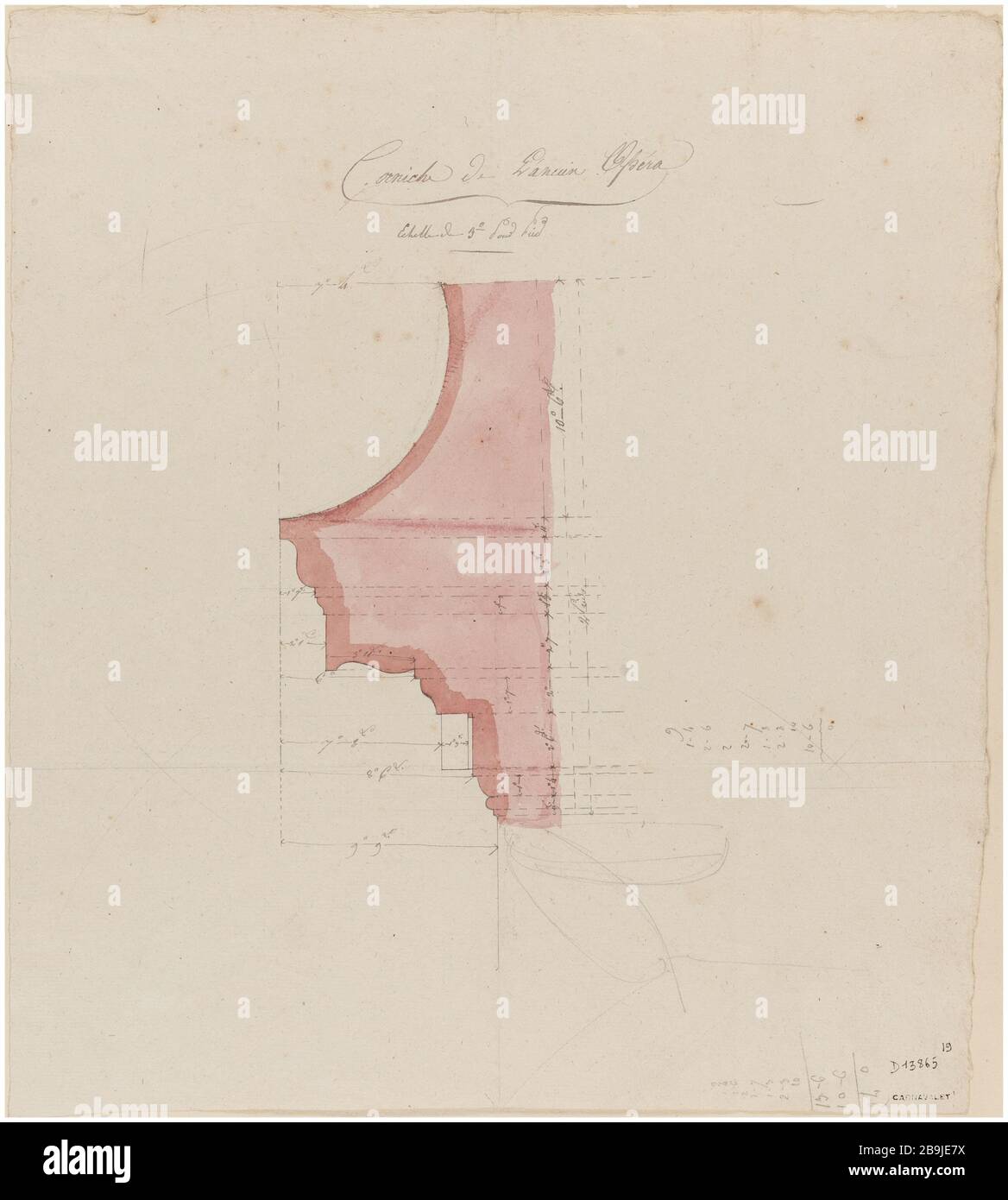 Académie royale de musique : couper le corbeau de l'ancien opéra. Charles Rohault de Fleury (1801-1875). Académie royale de musique : coupé de la corniche de l'Opéra. Crayon, panache et encre noir, lavis rose. Paris, musée Carnavalet. Banque D'Images