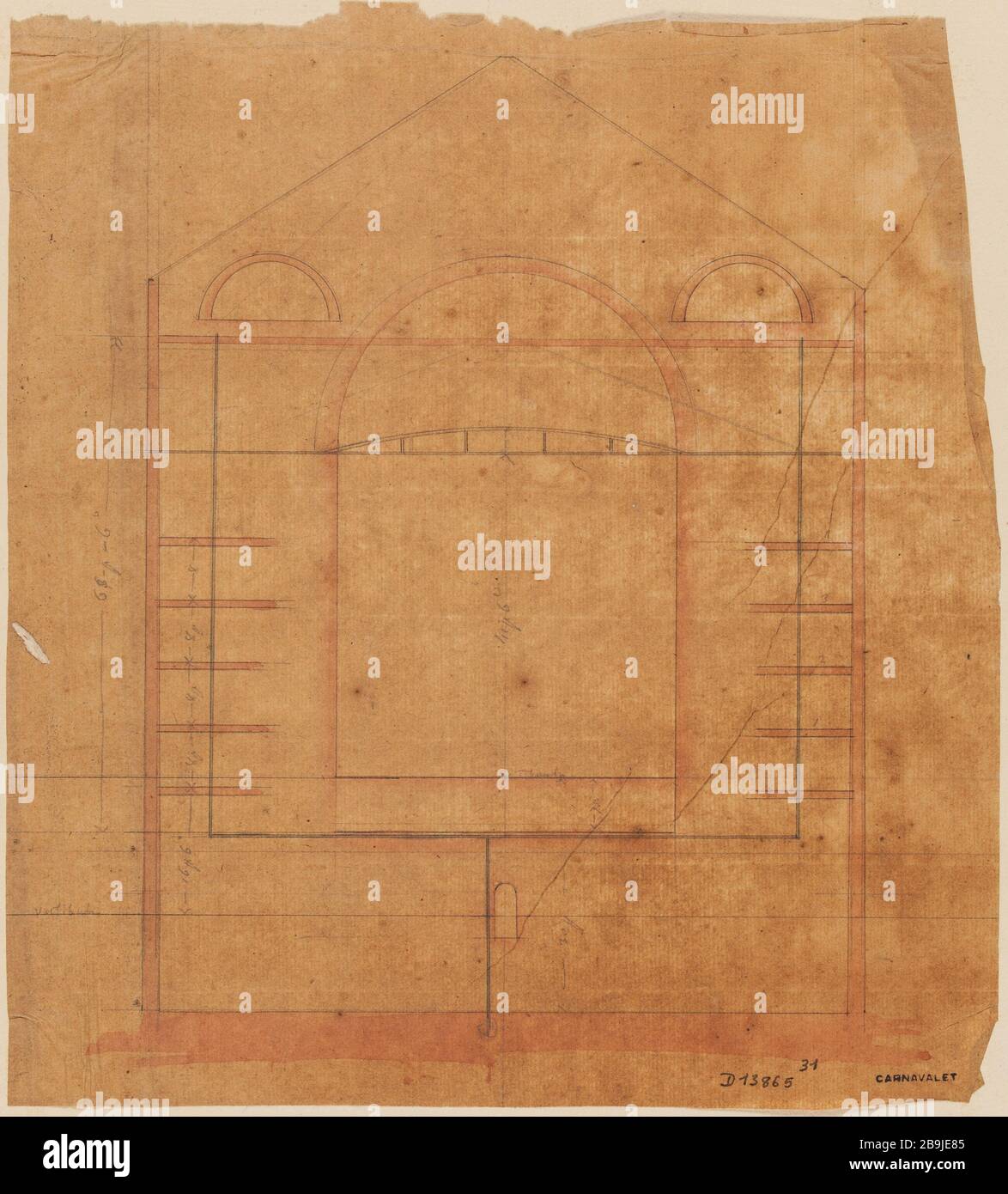Académie royale de musique : couper la salle avec système d'eau. Charles Rohault de Fleury (1801-1875). Académie royale de musique : coupé de la salle avec système des eaux. Crayon, panache et encre noir, lavis rose et bleu sur papier calcaire. Paris, musée Carnavalet. Banque D'Images