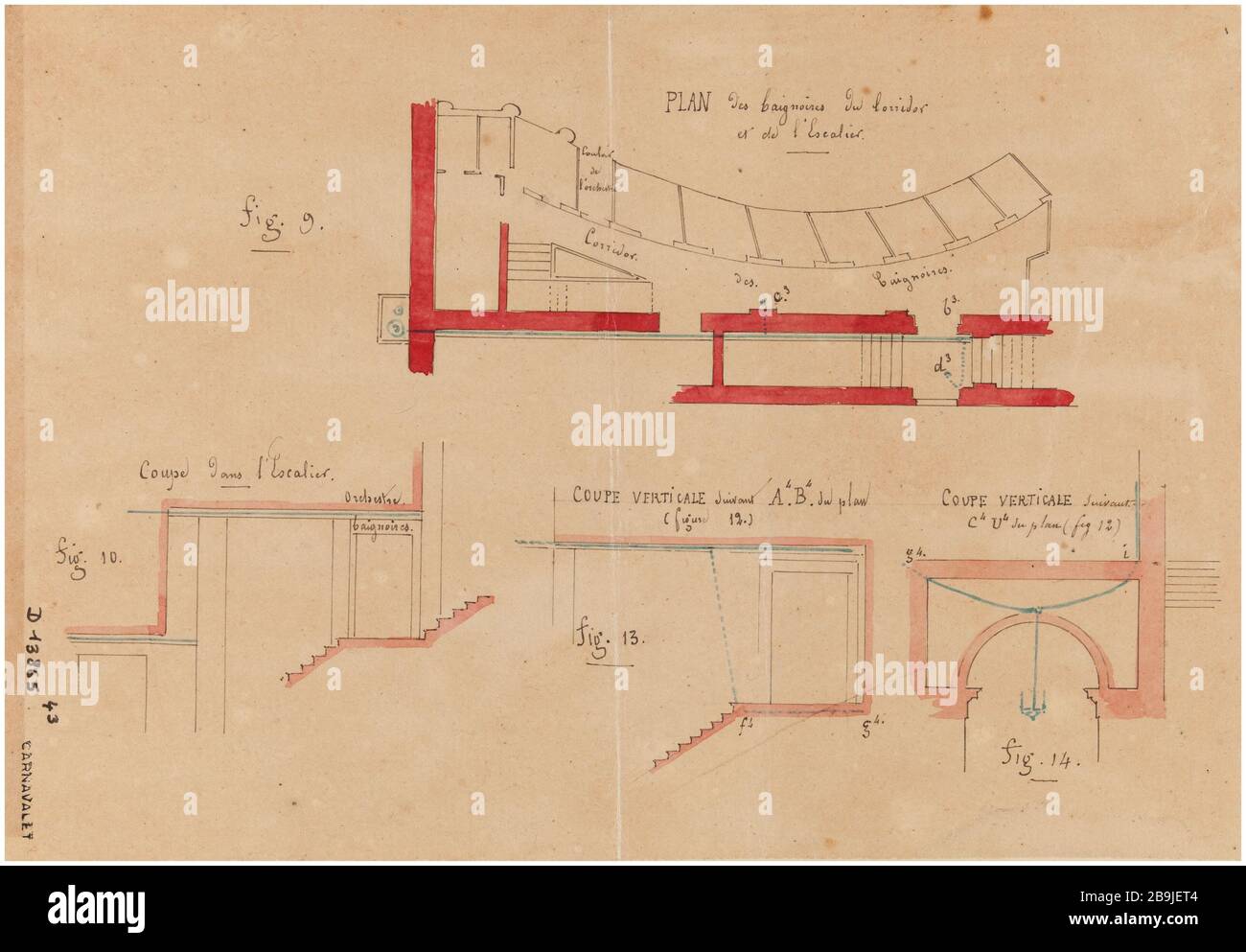 Académie royale de musique : les salles de bains planifient le couloir et les escaliers, coupent les escaliers et deux coupes verticales. Charles Rohault de Fleury (1801-1875). Académie royale de musique : plan des baignoires du corridor et de l'escalier, coupé dans l'escalier et de deux coupeurs. Plume et encre Noire, lavis rouge, rose et bleu sur papier calcaire. Paris, musée Carnavalet. Banque D'Images