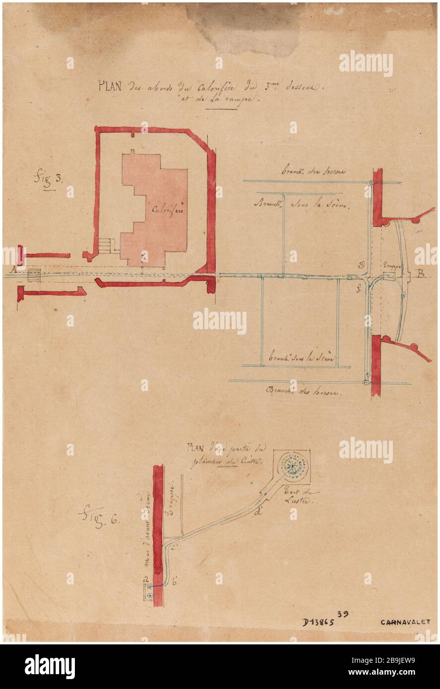 Académie Royale de musique: Le poêle autour de la carte en dessous de la troisième et la rampe d'accès d'une partie du plancher de suspension. Charles Rohault de Fleury (1801-1875). Académie royale de musique : Plan des aboristes du ballon du troisième tous droits et plans d'une partie du plancher du ctre. Plume et encre Noire, lavis rouge, rose et bleu sur papier calcaire. Paris, musée Carnavalet. Banque D'Images