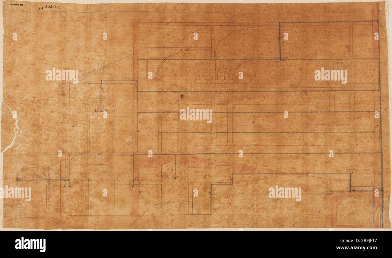 Académie royale de musique : section longitudinale. Charles Rohault de Fleury (1801-1875). Académie royale de musique : coupé longitudinal. Panache, Acres Noire et rouge, lavis rose et bleu, sur papier calcaire. Paris, musée Carnavalet. Banque D'Images