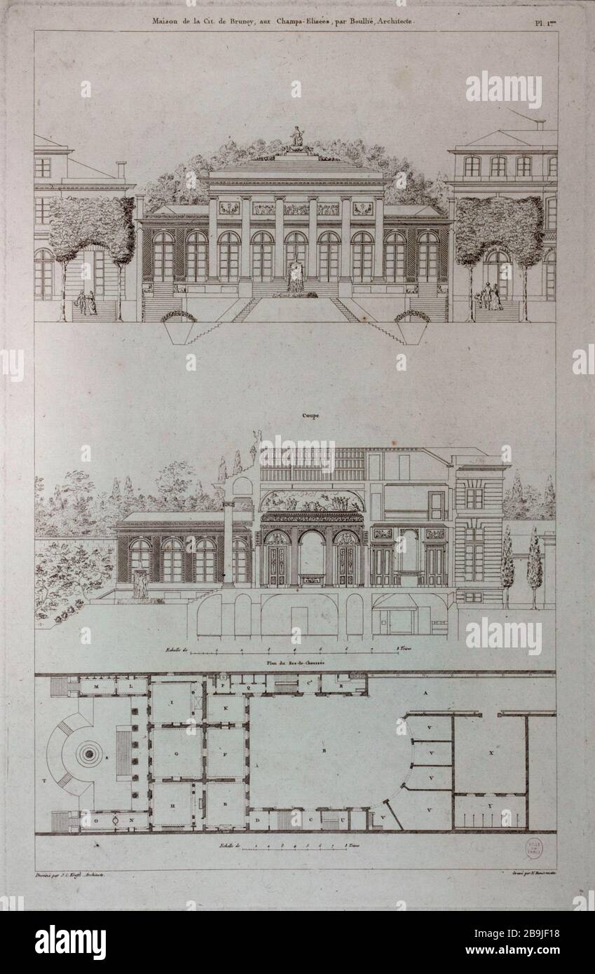 MAISON DU CITOYEN BRUNOY, LES CHAMPS-ÉLYSÉES Boullée PAR L'ARCHITECTE Pierre Nicolas Ransonnette/J.C. Krafft. 'Maison de la Citadelle de Brunoy, aux champs-Élysées par Boulée, architecture'. Gravité. Paris, musée Carnavalet. Banque D'Images