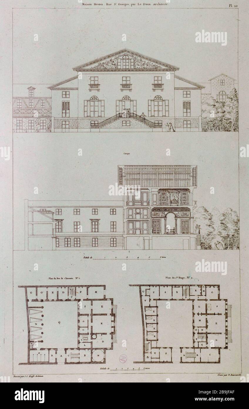 MAISON HOSTEN SAINT GEORGES PAR LE SOFT ARCHITECTE PIERRE NICOLAS RANSONNETTE/J.C. Krafft. 'Maison Hosten rue Saint Georges, par l'architecture du doux'. Gravité. Paris, musée Carnavalet. Banque D'Images