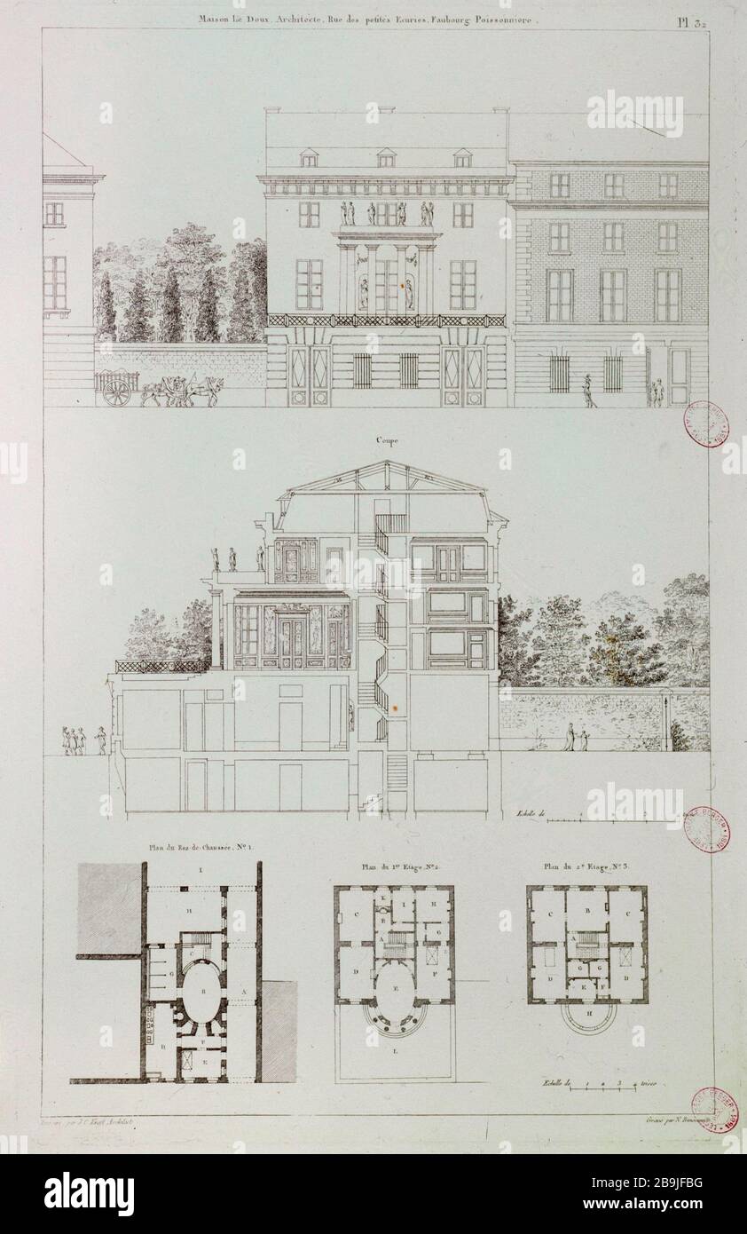 MAISON STREET PETITE ÉCURIE, Faubourg POISSONNIERE PAR LE DOUX ARCHITECTE Pierre Nicolas Ransonnette/J.C. Krafft. 'Maison rue des petites Ecuries, Faubourg Poissonnière, par l'architecture du doux'. Gravité. Paris, musée Carnavalet. Banque D'Images