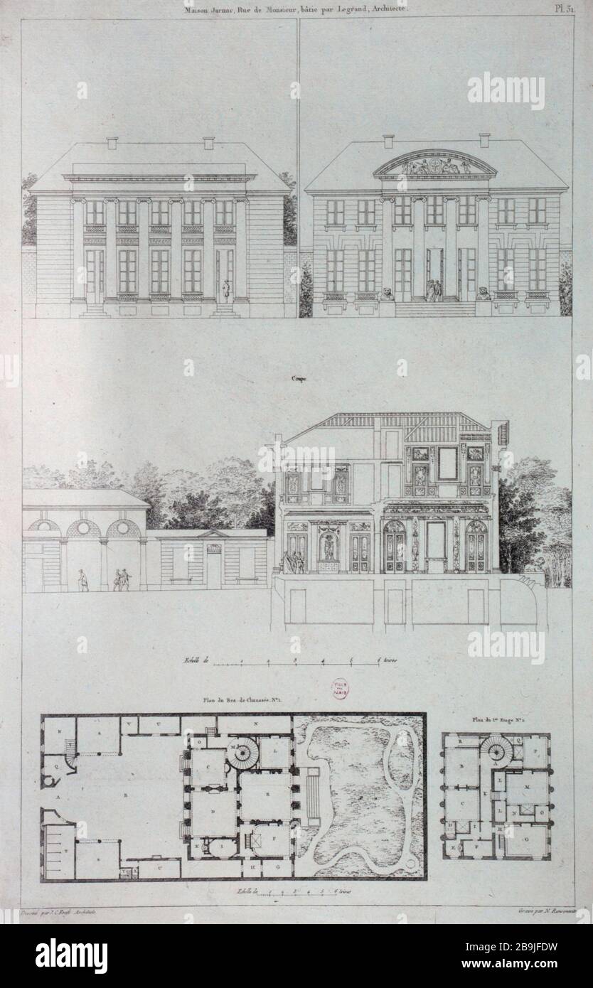 Maison Jarnac RUE SIR, CONSTRUITE PAR LEGRAND, ARCHITECTE Pierre Nicolas Ransonnette/J.C. Krafft. ' Maison Jarnac, rue de Monsieur, bâtie par Legrand, architecture'. Gravité. Paris, musée Carnavalet. Banque D'Images