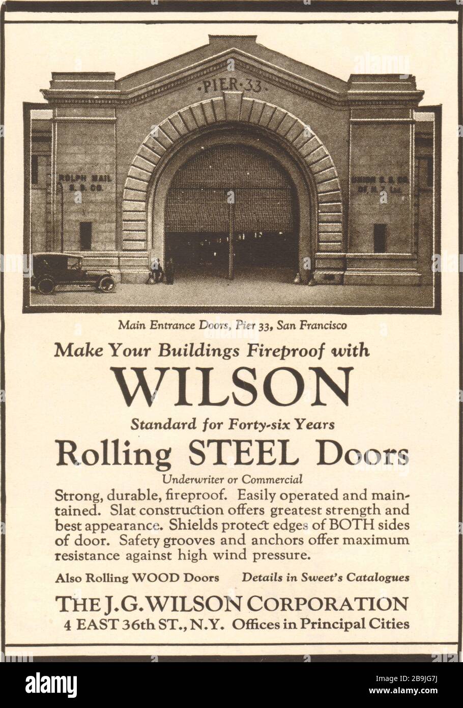 Portes en acier anti-feu. Portes d'entrée principales, Pier 33, San Francisco. La société J. G. Wilson, 4 East 36 th St., New York (1922) Banque D'Images