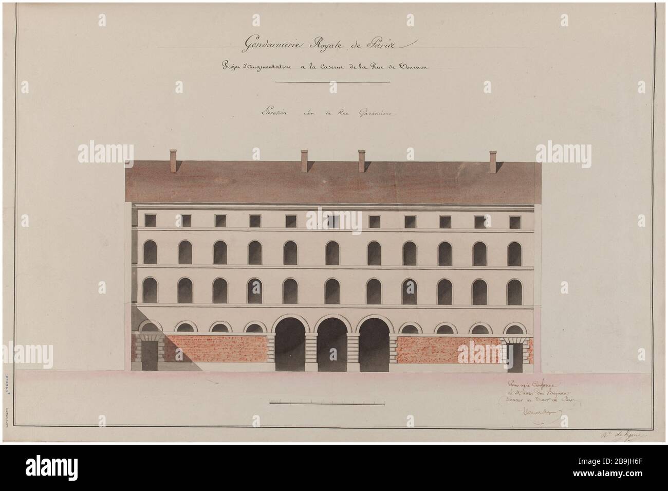 Casernes rue de Tournon : rue surélevée de la Garancière. Charles Rohault de Fleury (1801-1875), dessinateur. Album de 72 dessins d'architecture. Caserne rue de Tournon : élévatation de la rue Garancière. Panache et encre noir, lavis brun, gris, rose et rouge. Paris, musée Carnavalet. Banque D'Images