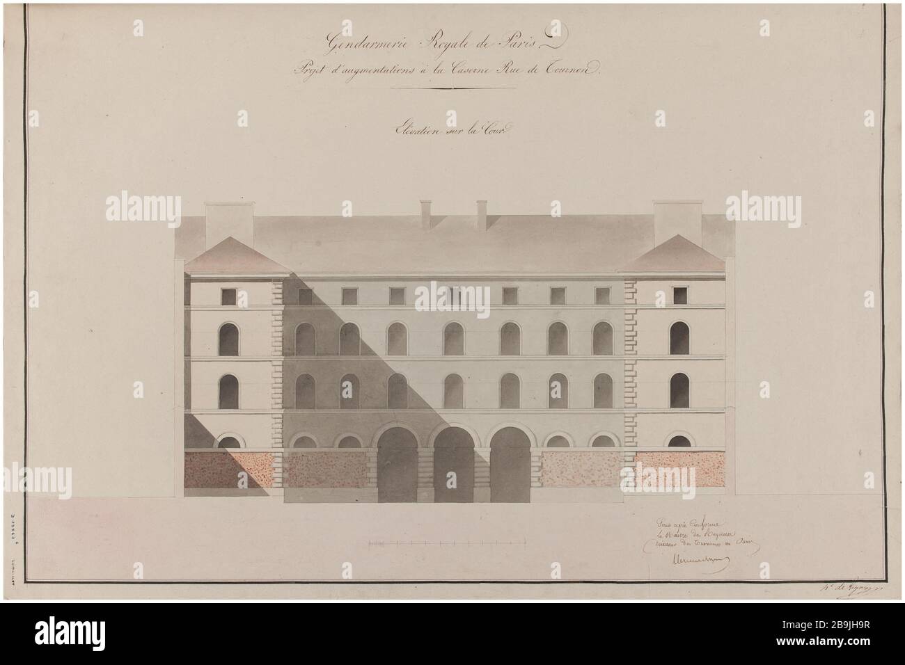 Barracks Street Tournon élévation de la cour. Charles Rohault de Fleury (1801-1875), dessinateur. Album de 72 dessins d'architecture. Caserne rue de Tournon : élévation sur la cour. Panache et encre noir, crayon, gris lavis, brun, rose et rouge. Paris, musée Carnavalet. Banque D'Images