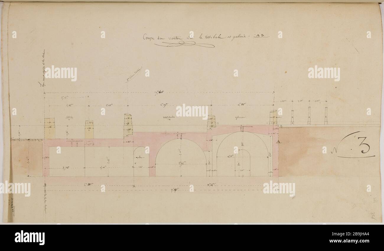 Villa M. Peligot Enghien: Couper les voûtes de la salle et de la galerie. Charles Rohault de Fleury (1801-1875). Album de 34 dessins d'architecture : Villa de M. Périgot à Enghien : coupé des voûtes sur le vestibule et la galerie. Panache et encre noir, lavis brun, rose et vert. Paris, musée Carnavalet. Banque D'Images