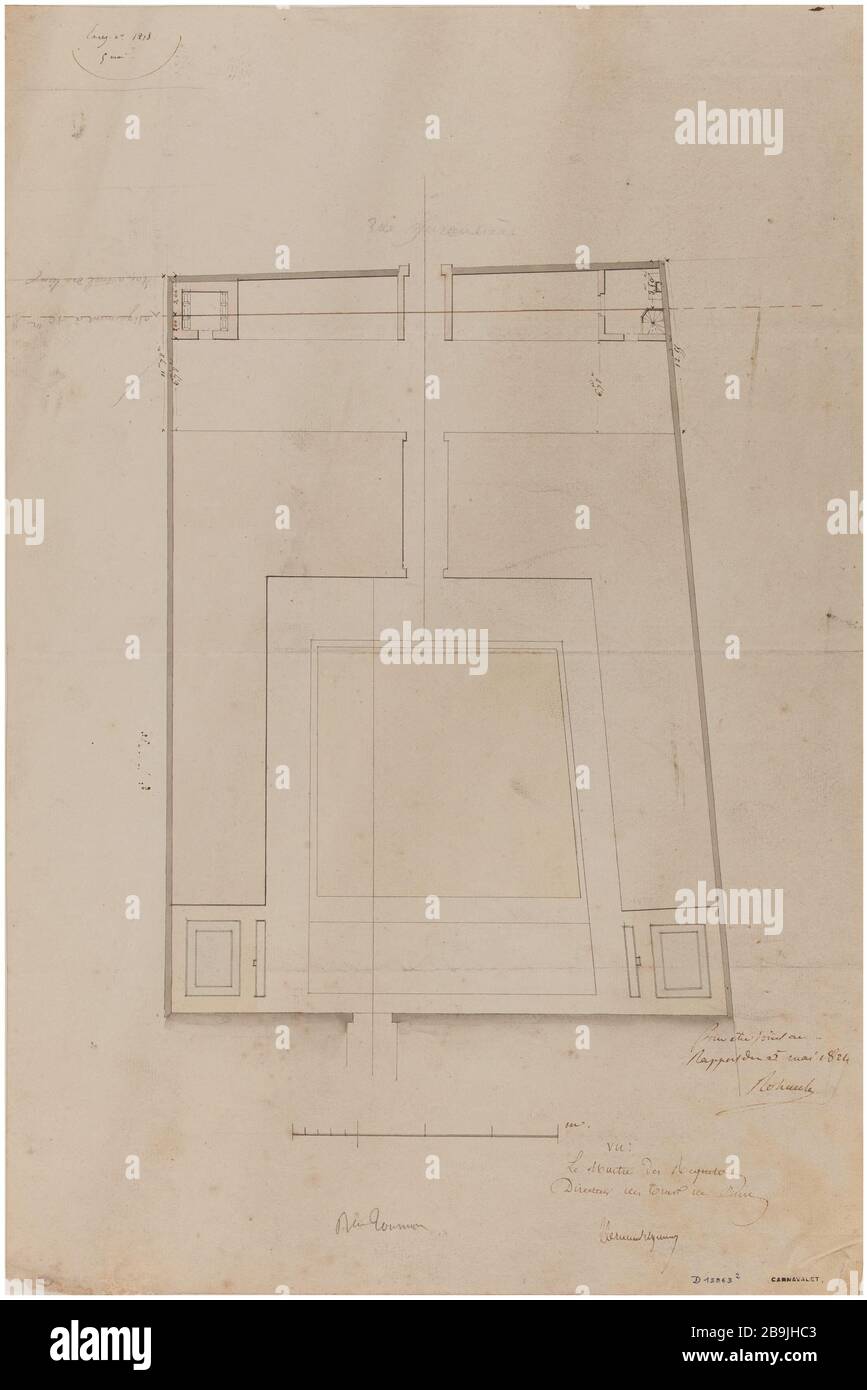 Projet de plan Barracks Street Tournon. Charles Rohault de Fleury (1801-1875), dessinateur. Album de 72 dessins d'architecture. Caserne rue de Tournon : projet de plan. Panache et encre noir, rose lavis, jaunune et bleu. Paris, musée Carnavalet. Banque D'Images