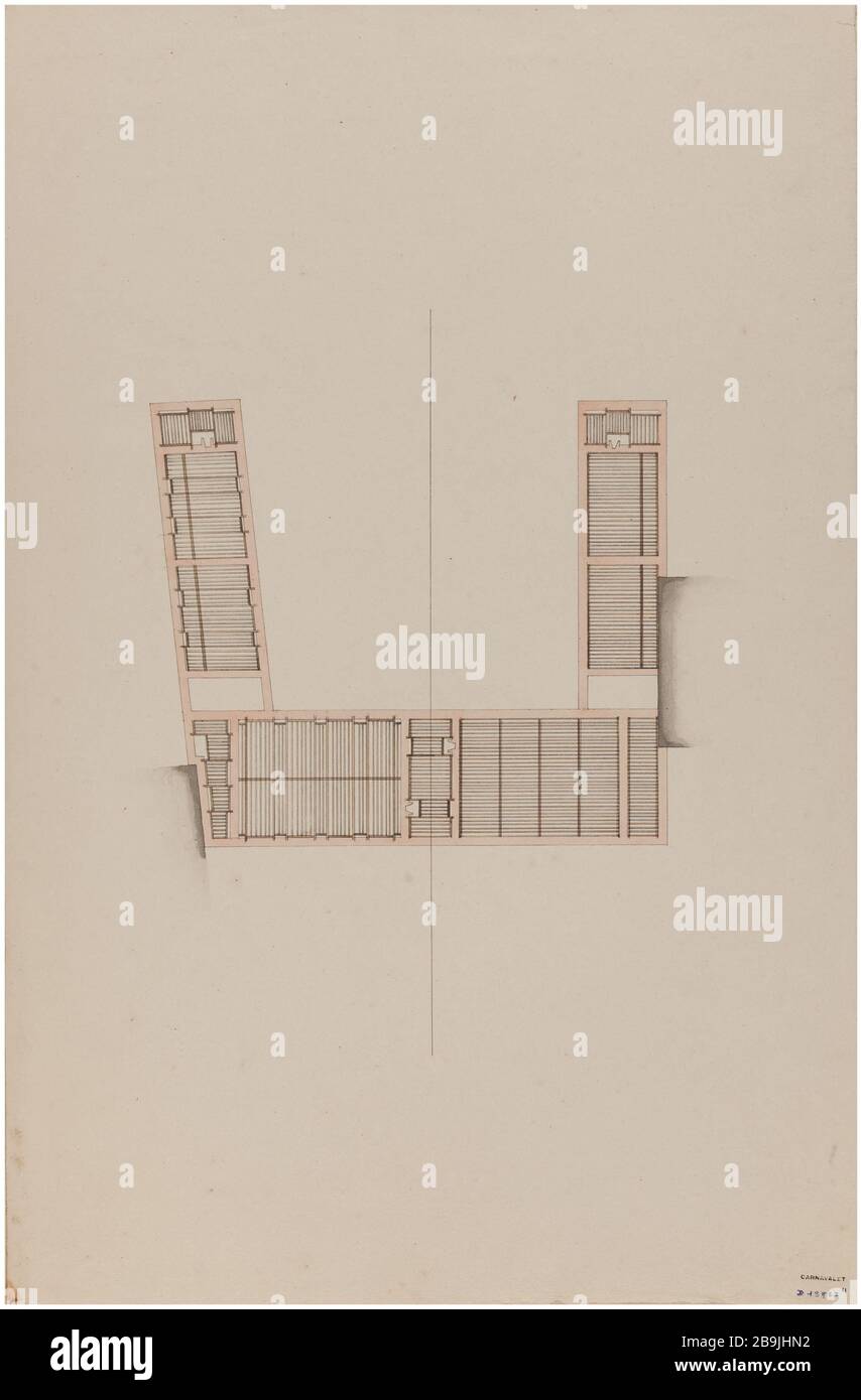 Casernes rue de Tournon: Plan d'étage. Charles Rohault de Fleury (1801-1875), dessinateur. Album de 72 dessins d'architecture. Caserne rue de Tournon : plan du plancher. Panache et encre noir, lavis brun, rose et gris. Paris, musée Carnavalet. Banque D'Images
