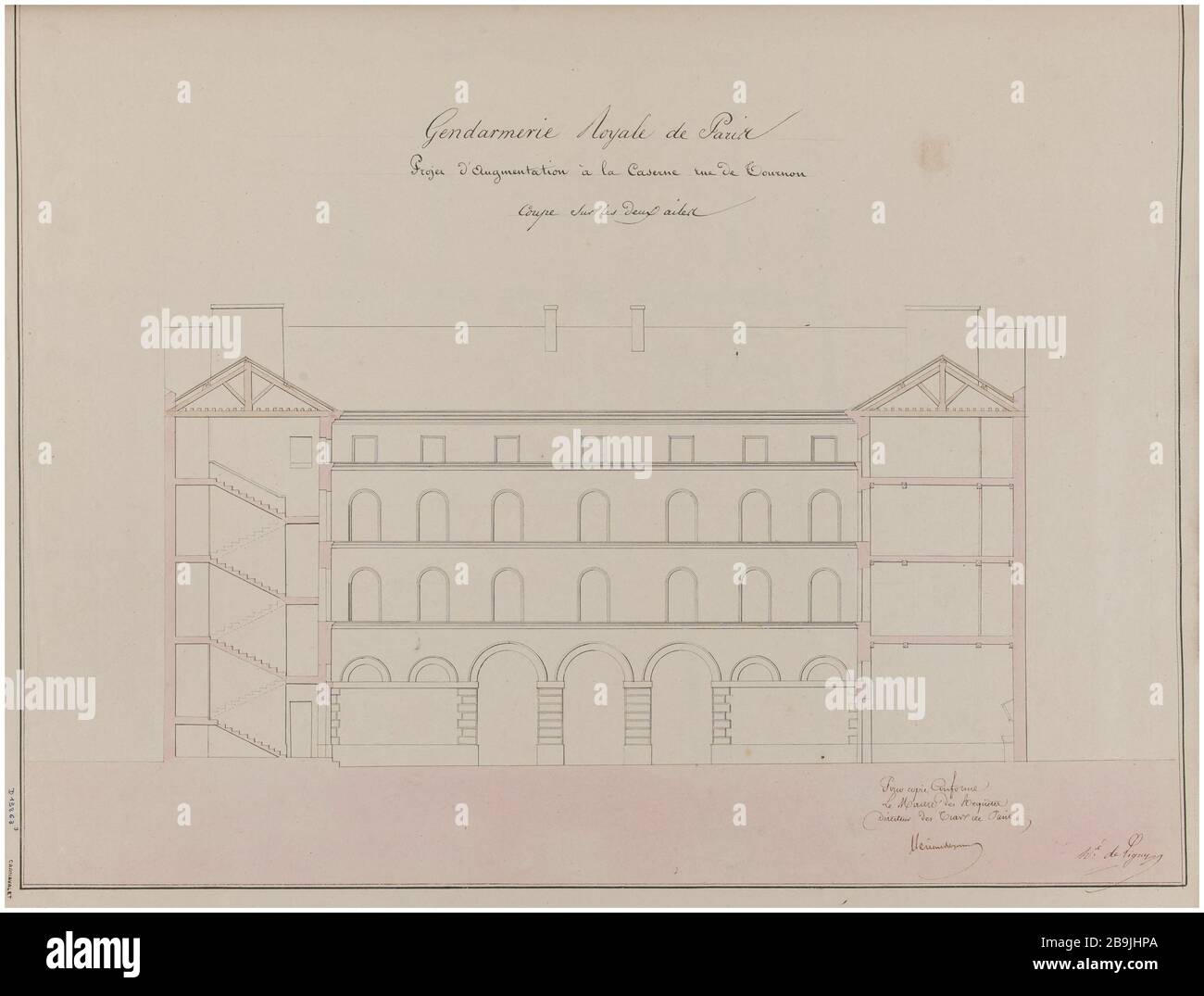 Barracks Street Tournon élévation et couper sur les deux ailes. Charles Rohault de Fleury (1801-1875), dessinateur. Album de 72 dessins d'architecture. Caserne rue de Tournon : élévatation et coupé sur les deux ailes. Plume et encre noir, lavis brun et rose. Paris, musée Carnavalet. Banque D'Images