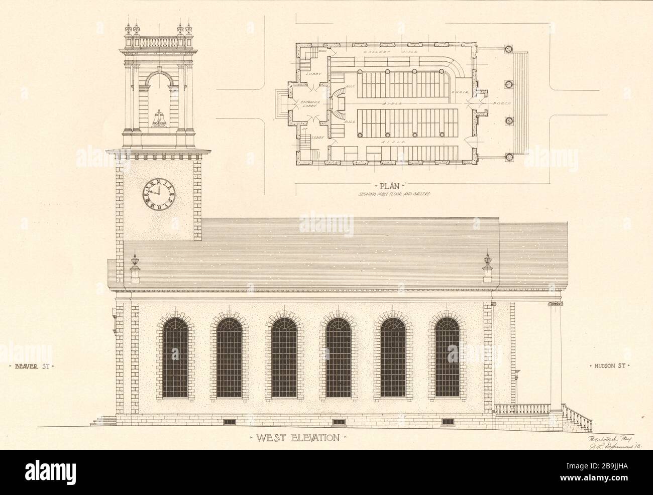 Deuxième église réformée, Albany, New York. Plan montrant l'étage principal et la galerie, élévation ouest,. Restauré par John L. Dykeman, 1918 (1919) Banque D'Images