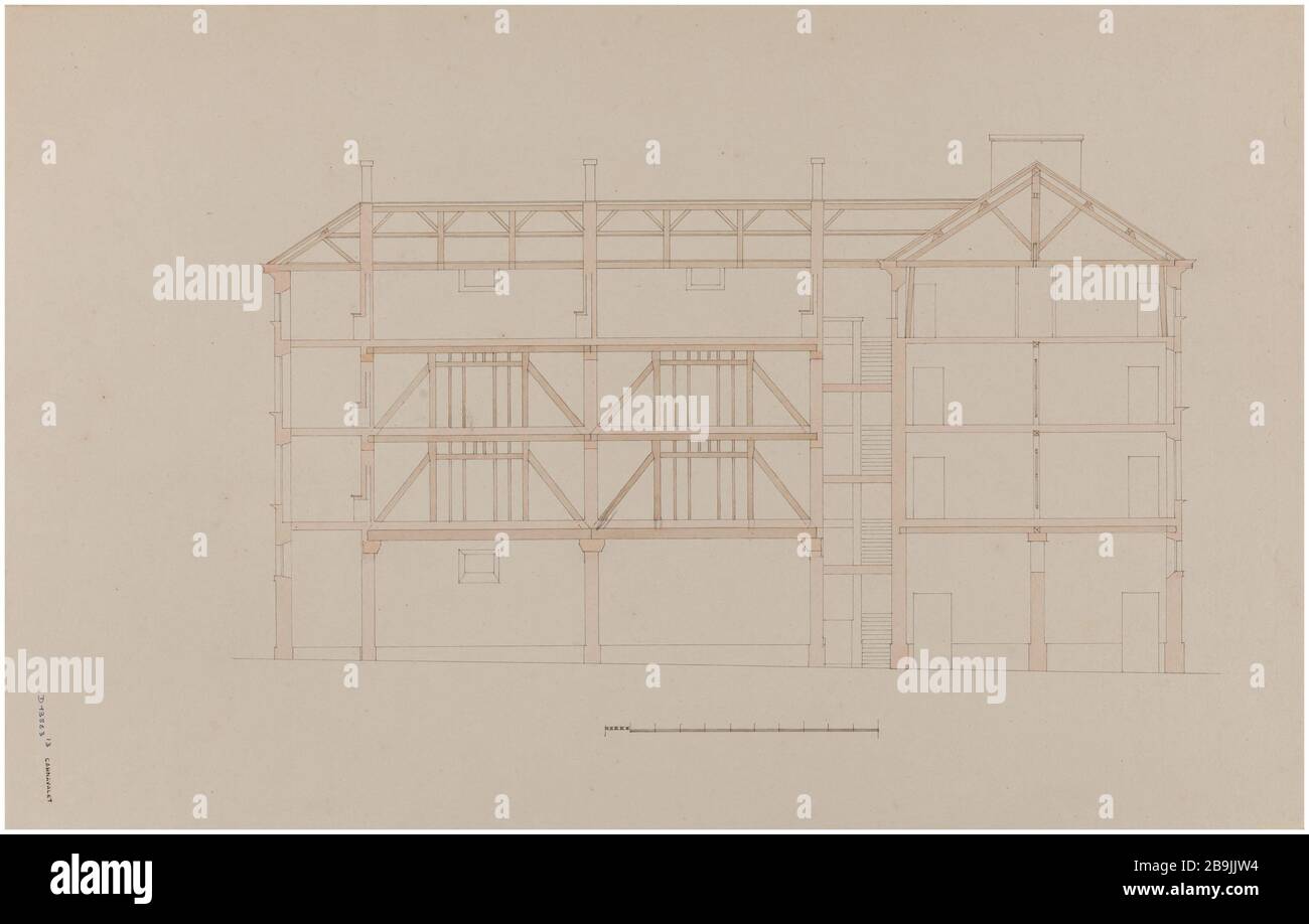 Casernes rue de Tournon : découpe avec poutres de châssis. Charles Rohault de Fleury (1801-1875), dessinateur. Album de 72 dessins d'architecture. Caserne rue de Tournon : coupé avec osature des poutres. Plume et encre noir, lavis brun et rose. Paris, musée Carnavalet. Banque D'Images