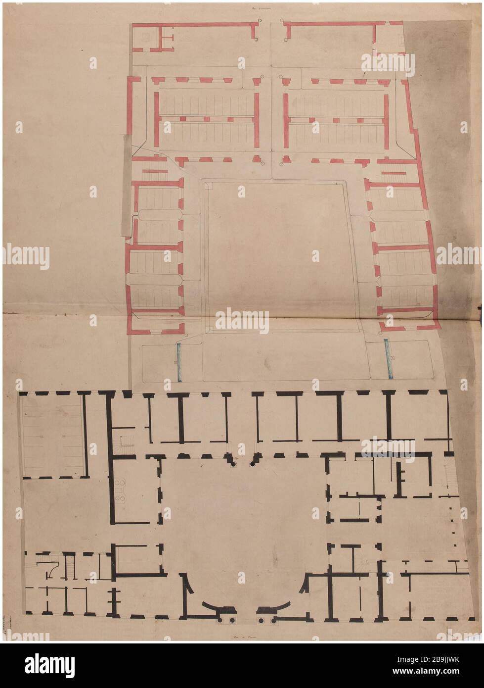 Barracks Street Tournon plan du rez-de-chaussée. Charles Rohault de Fleury (1801-1875), dessinateur. Album de 72 dessins d'architecture. Caserne rue de Tournon : plan du rez-de-chaussée. Panache et encre noir, rose lavis, gris et bleu. Paris, musée Carnavalet. Banque D'Images