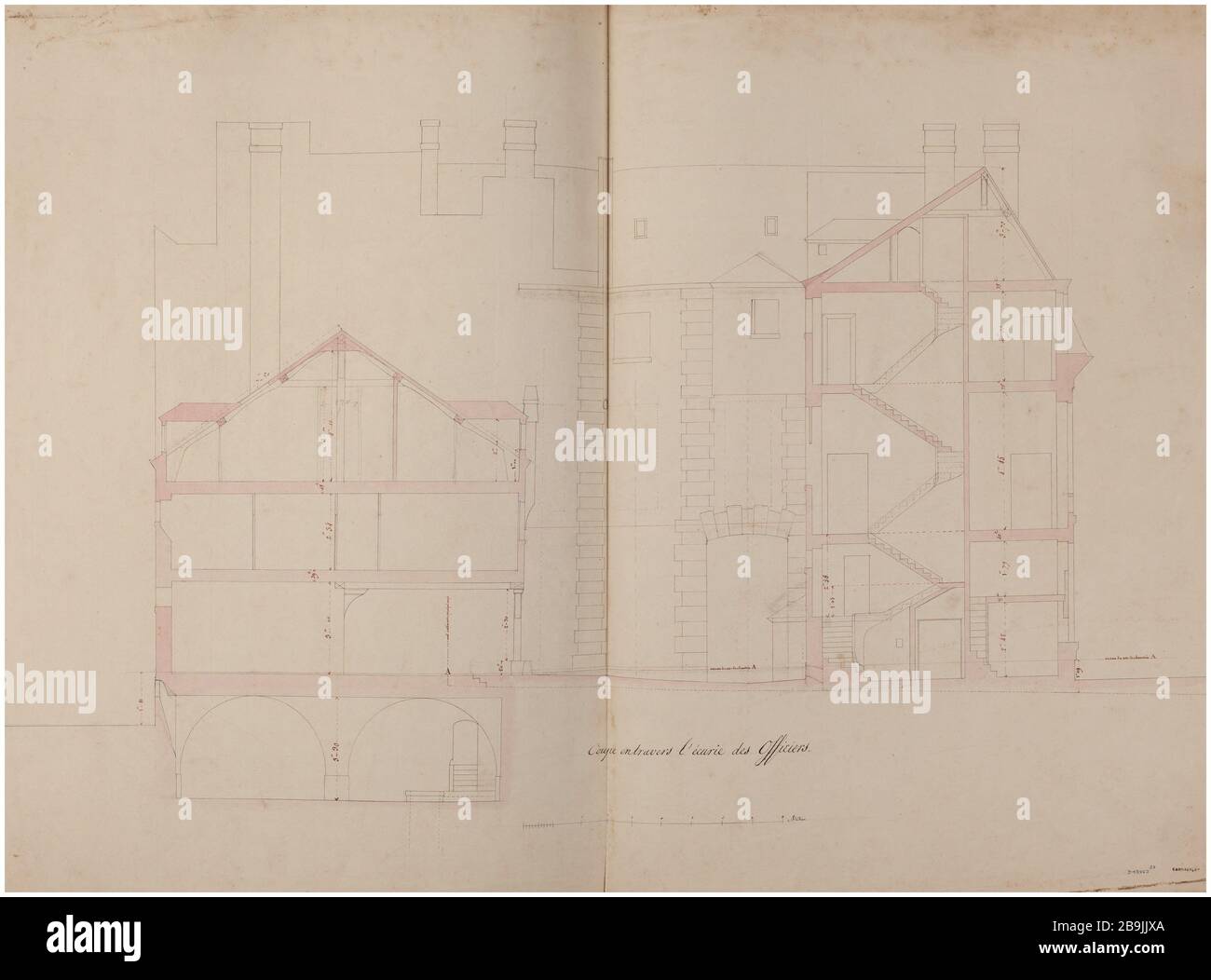 Casernes rue de Tournon: La coupe par l'équipe de officiers. Charles Rohault de Fleury (1801-1875), dessinateur. Album de 72 dessins d'architecture. Caserne rue de Tournon : coupé à travers l'écurie des officiels. Plume et encre Noire, lavis rose. Paris, musée Carnavalet. Banque D'Images