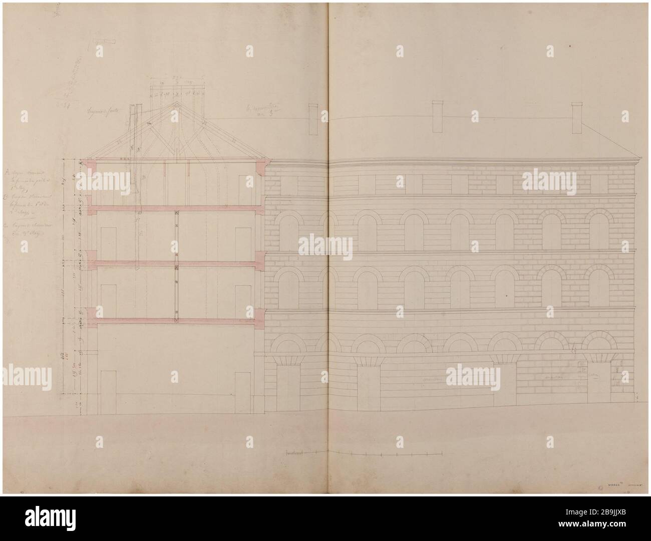 Barracks Street Tournon élévation et couper au fond du bâtiment, se concentrer sur le sol et la cheminée. Charles Rohault de Fleury (1801-1875), dessinateur. Album de 72 dessins d'architecture. Caserne rue de Tournon : élévation et coupé sur le bâtiment du fond, accent mis sur le plancher et la cheminée. Panache et encre noir, crayon et lavis roses. Paris, musée Carnavalet. Banque D'Images