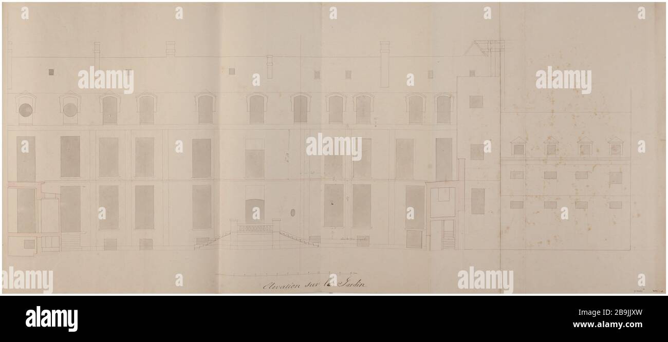 Barracks Street Tournon élévation du jardin. Charles Rohault de Fleury (1801-1875), dessinateur. Album de 72 dessins d'architecture. Caserne rue de Tournon : élévation sur le jardin. Panache et encre noir, lavis gris et rose. Paris, musée Carnavalet. Banque D'Images