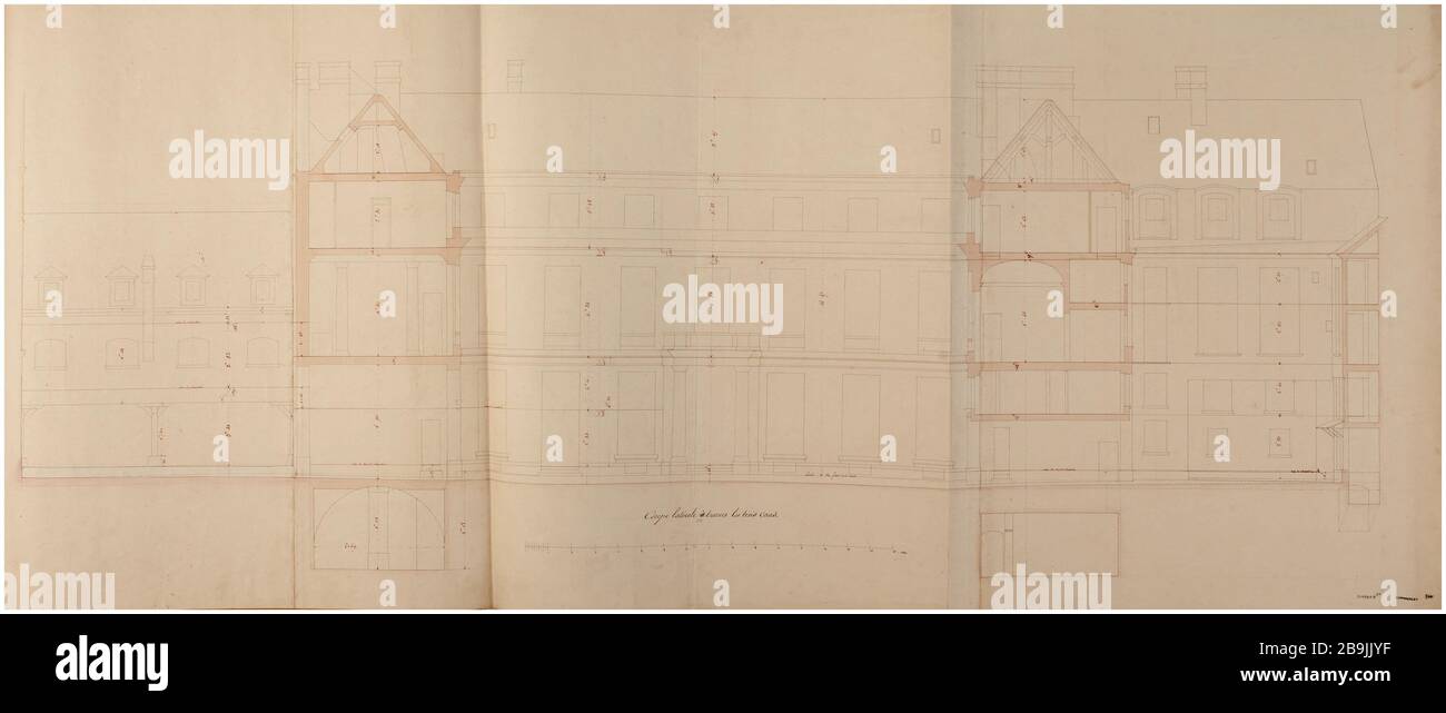 Barracks Street Tournon a coupé le côté à travers les trois cours. Charles Rohault de Fleury (1801-1875), dessinateur. Album de 72 dessins d'architecture. Caserne rue de Tournon : coupé latérale en travers des trois cours. Panache, Acres Noire et rouge, lavis brun et rose. Paris, musée Carnavalet. Banque D'Images