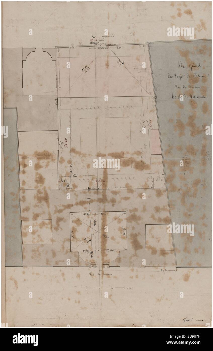 Barracks Street Tournon aperçu du projet de casernes. Charles Rohault de Fleury (1801-1875), dessinateur. Album de 72 dessins d'architecture. Caserne rue de Tournon : plan général du projet de caserne. Panache et encre noir, crayon, rose lavis, bleu et gris. Paris, musée Carnavalet. Banque D'Images