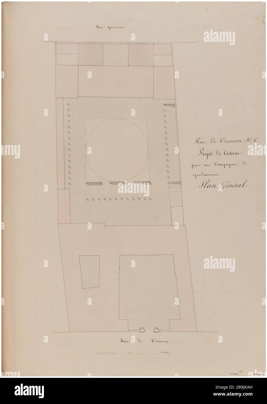 Barracks Street Tournon aperçu du projet de casernes. Charles Rohault de Fleury (1801-1875), dessinateur. Album de 72 dessins d'architecture. Caserne rue de Tournon : plan général du projet de caserne. Panache et encre noir, lavis rose et brun. Paris, musée Carnavalet. Banque D'Images