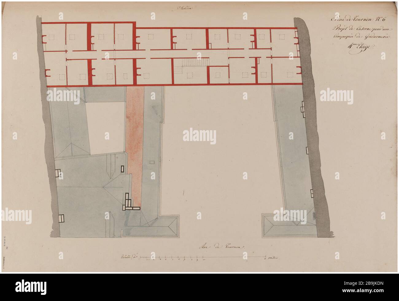 Casernes rue de Tournon : carte du quatrième étage du projet de casernes. Charles Rohault de Fleury (1801-1875), dessinateur. Album de 72 dessins d'architecture. Caserne rue de Tournon : plan du quatrième étage du projet de caserne. Panache et encre noir, gris lavis, bleu et rouge. Paris, musée Carnavalet. Banque D'Images