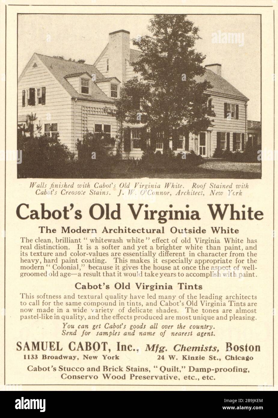 Cabot's Old Virginia White. JW O'Connor, Architecte. Samuel Cabot Manufacturing Chemists, Boston. 1133 Broadway, NY; 24 W. Kinzie St., Chicago (1919) Banque D'Images