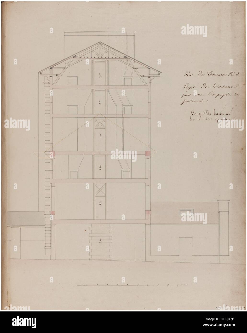 Section Barracks Street Tournon du bâtiment sur la rue Garancière. Charles Rohault de Fleury (1801-1875), dessinateur. Album de 72 dessins d'architecture. Caserne rue de Tournon : coupé du bâtiment sur la rue Garancière. Panache et encre noir, rose lavis, gris et brun. Paris, musée Carnavalet. Banque D'Images