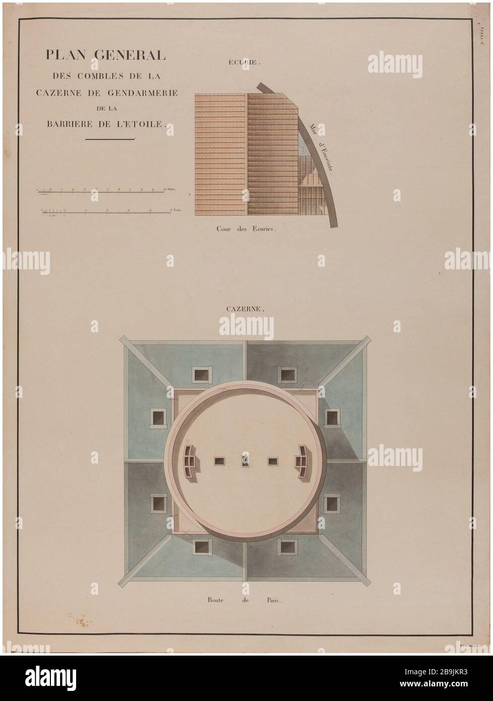 Barriere de l'Etoile plan général grenier et cartes écuries et le mur. Charles Rohault de Fleury (1801-1875). Atlas national de la Ville de Paris. Barrière de l'Etoile : Plan général des combles et plan des écuries et du mur d'enceinte. Plume et encre noir, lavis gris, bleu, brun, jaunune et rose. XIXème siècle. Paris, musée Carnavalet. Banque D'Images