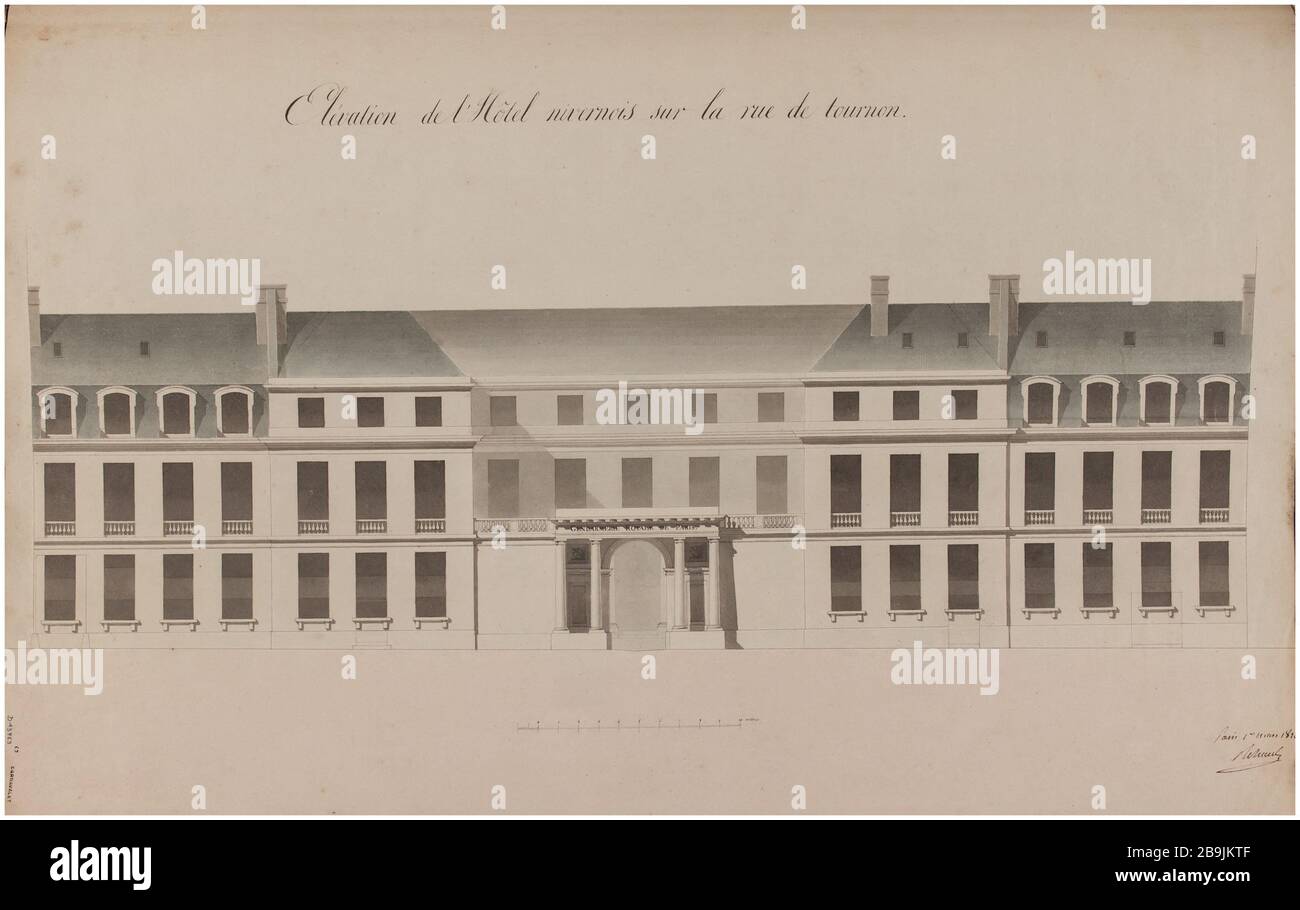 Barracks Street Tournon élévation sur la rue de Tournon. Charles Rohault de Fleury (1801-1875), dessinateur. Album de 72 dessins d'architecture. Caserne rue de Tournon : élévation sur la rue de Tournon. Plume et encre noir, lavis gris, bleu et rose. Paris, musée Carnavalet. Banque D'Images