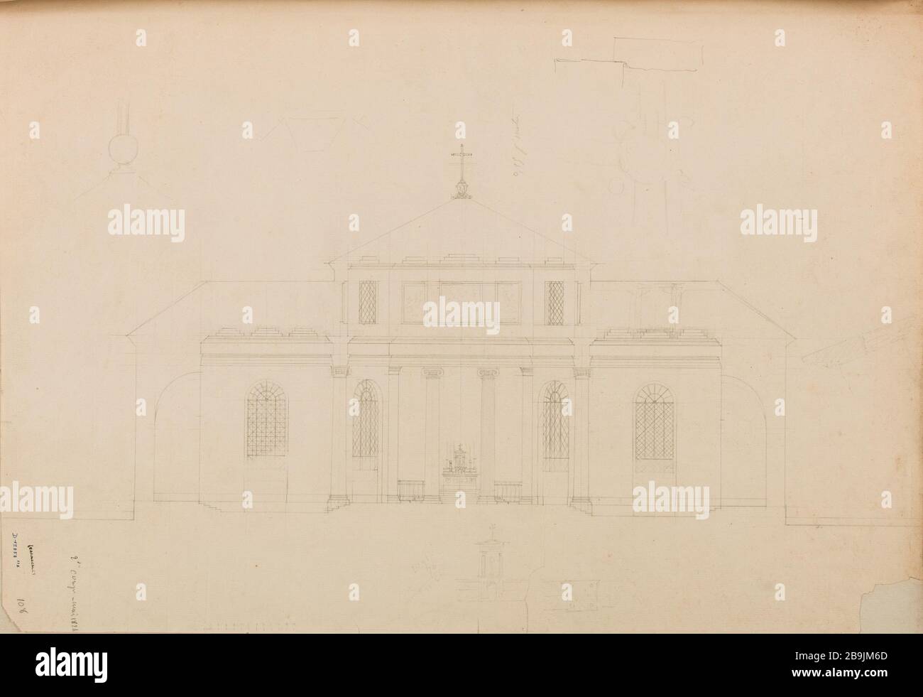 Orphelins de l'Hospice : deuxième coupe du projet 1824 de la chapelle Charles Rohault de Fleury (1801-1875). Hospice des orphelinats : deuxième coupé, projet de 1824 de la chapelle. Dessin extraordinaire d’un album relié, constitué de dessins montés, et non montés. Crayon. Paris, musée Carnavalet. Banque D'Images