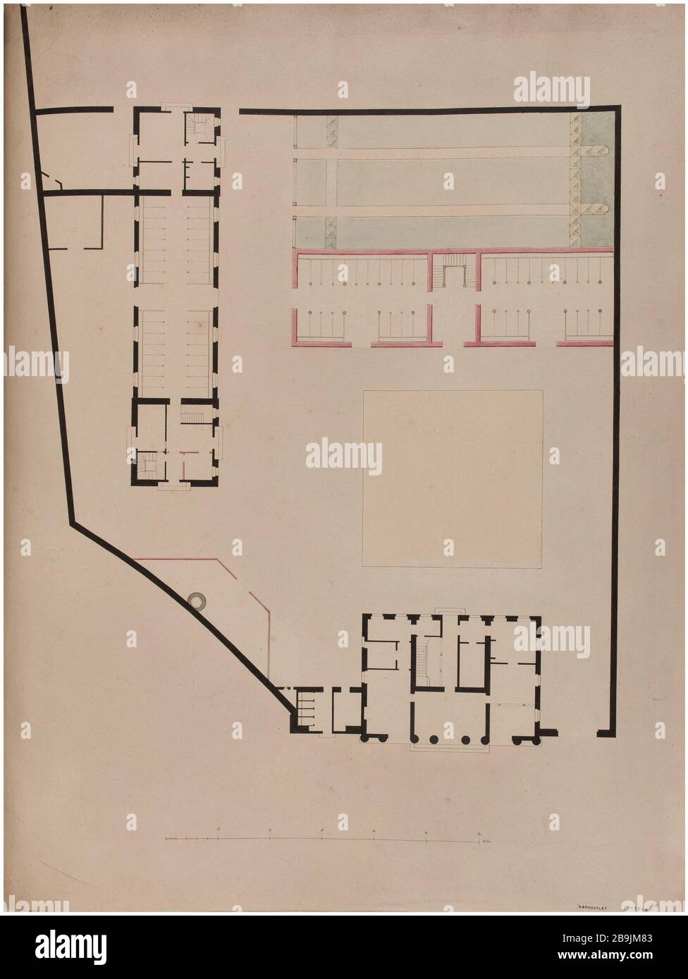 Barrière d'Enfer: Un plan d'étage. Charles Rohault de Fleury (1801-1875). Atlas national de la Ville de Paris. Barrière d'Enfer : plan d'un étage. Panache et encre noir, rose lavis, vert, jaunune et brun. XIXème siècle. Paris, musée Carnavalet. Banque D'Images