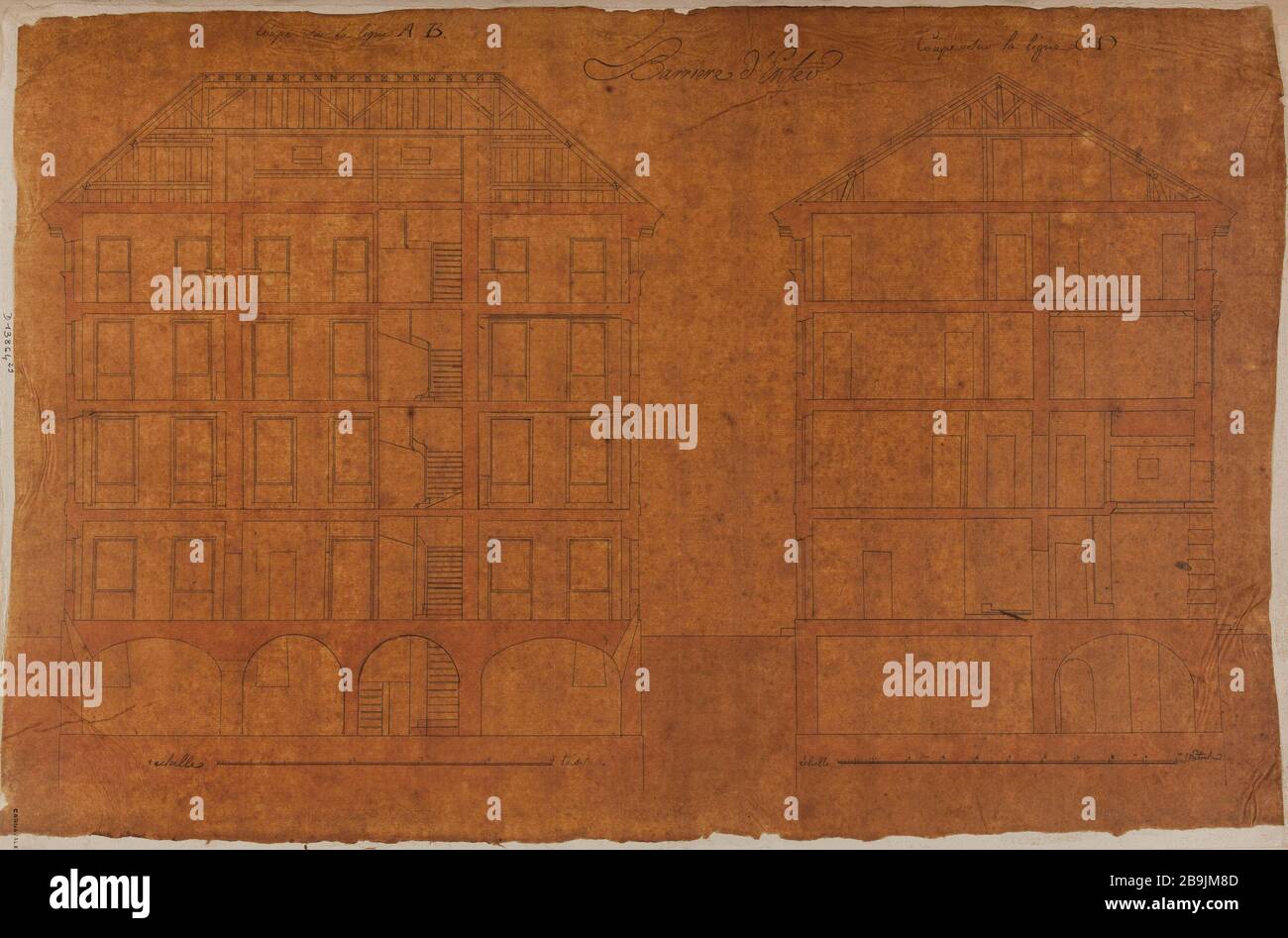 Coupe de l'Enfer de barrière et face transversale. Charles Rohault de Fleury (1801-1875). Atlas national de la Ville de Paris. Barrière d'Enfer : coupes de face et transversale. Panache et encre noir, lavis rose sur calcaire. XIXème siècle. Paris, musée Carnavalet. Banque D'Images