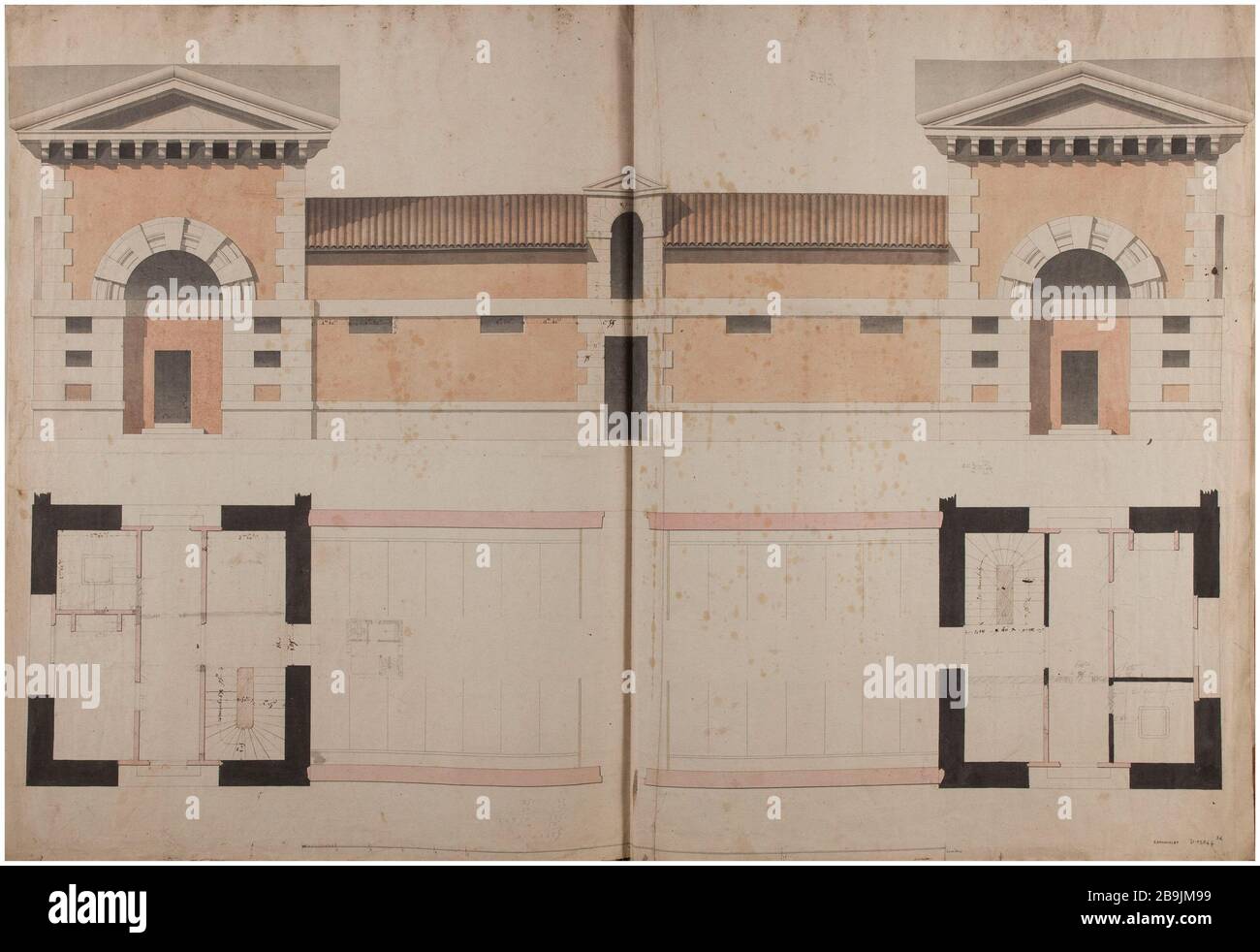 Barrière d'Enfer: Élévation et planification d'un bâtiment. Charles Rohault de Fleury (1801-1875). Atlas national de la Ville de Paris. Barrière d'Enfer : élévation et plan d'un bâtiment. Panache, Acres Noire et brune, crayon, rose lavis, brun et gris. XIXème siècle. Paris, musée Carnavalet. Banque D'Images