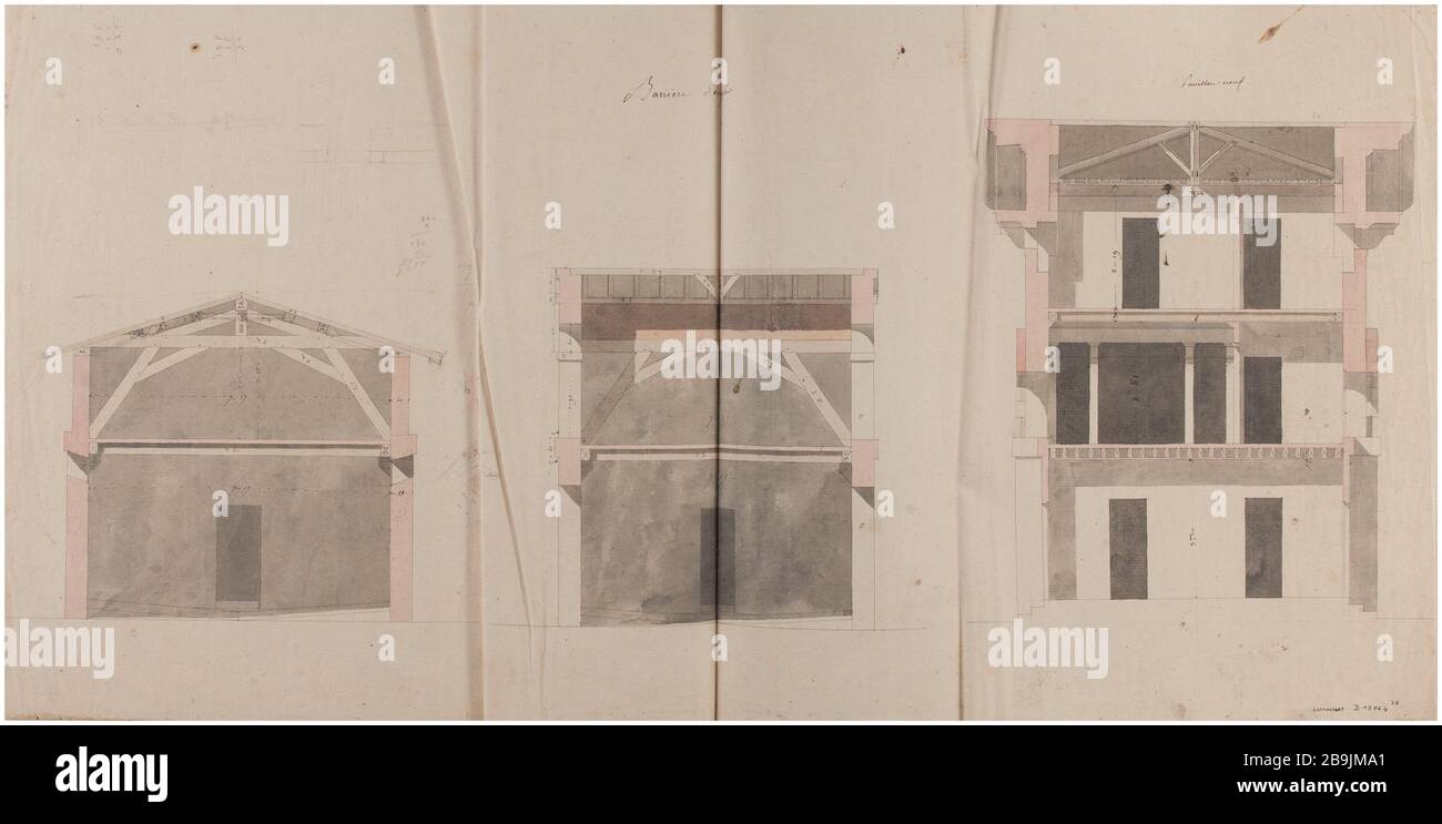 Barrière d'Enfer: Trois coupes de bâtiments. Charles Rohault de Fleury (1801-1875). Atlas national de la Ville de Paris. Barrière d'Enfer : trois coupes de bâtiment. Plume et encre noir, lavis gris, rose, orange et brun. XIXème siècle. Paris, musée Carnavalet. Banque D'Images