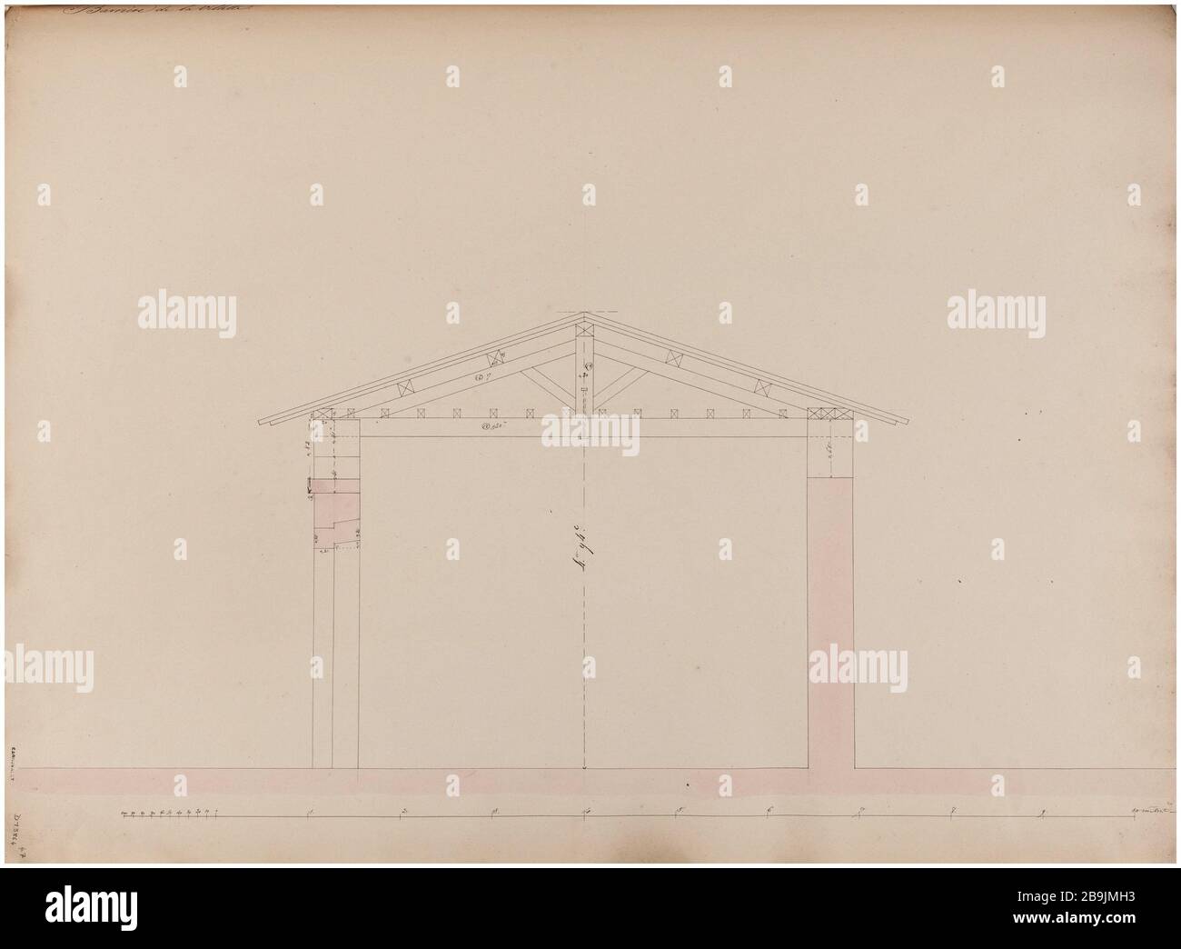 Barriere de la Villette : coupée sur le cadre. Charles Rohault de Fleury (1801-1875). Atlas national de la Ville de Paris. Barrière de la Villette : coupé sur la charpente. Plume et encre Noire, lavis rose. XIXème siècle. Paris, musée Carnavalet. Banque D'Images